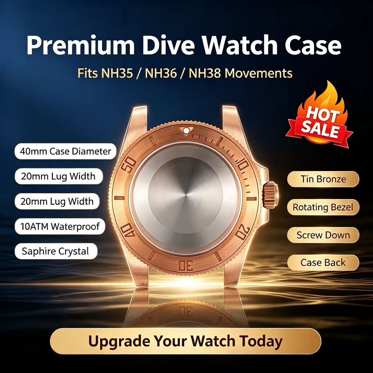 Bronze Case Watch - 40mm Tin Brons Duikhorloge Kast Saffierglas